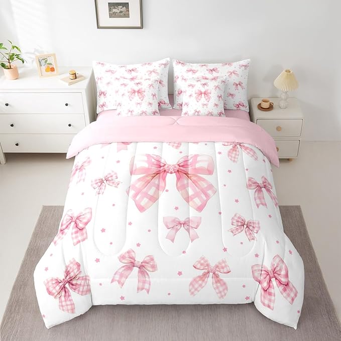 Erosebridal Plaid Kawaii Starry Bowknot Full Comforter Set 7 Pieces | Checkered Geometric Bed in A Bag for Bedroom Pink White Ribbon Bedding Set with Comforters Kids Women Room Decor