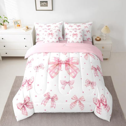 Erosebridal Plaid Kawaii Starry Bowknot Full Comforter Set 7 Pieces | Checkered Geometric Bed in A Bag for Bedroom Pink White Ribbon Bedding Set with Comforters Kids Women Room Decor