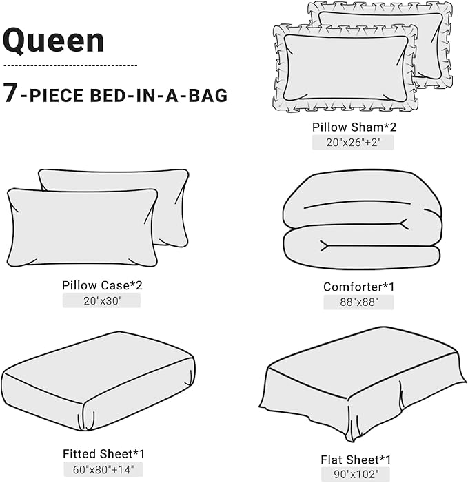 JOLLYVOGUE Queen Comforter Set 7 Pieces, Black/Gray Bedding Comforter Sets with Comforter, Sheets,Ruffled Shams & Pillowcases