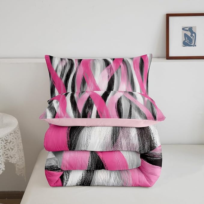 Erosebridal Geometric Striped Comforter Queen Modern Abstract Comforter Set Black Grey Pink Bedding Set for Kids Girls Teen Women Swirl Lines Quilt Duvet Room Decor 3 Pcs