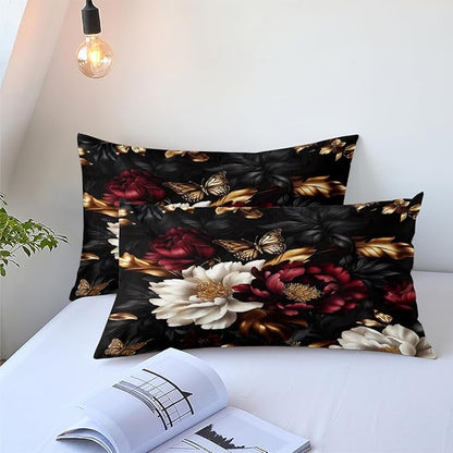 Black Floral Comforter Set Queen Size 3 Pieces Farmhouse Botanical Flower Bedding Set Modern Aesthetic Bedding Soft Lightweight Down Alternative Comforter Sets with 2 Pillowcases