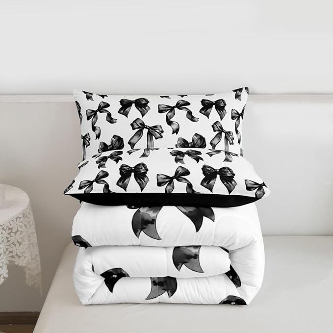 Erosebridal Bow Comforter Set Full Black and White Bowknot Bedding Set for Kids Teen Adults,Modern Simple Fashion Aesthetic Comforter Sets Black Watercolor Butterfly Knot Quilt Duvet