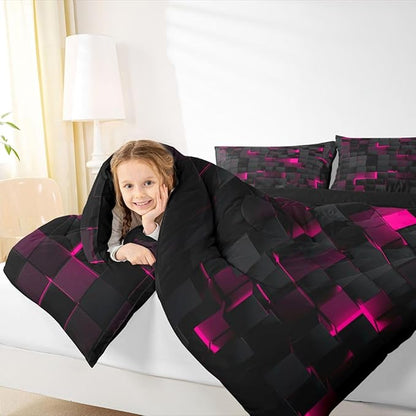 Erosebridal Black Hot Pink Comforter Set Queen Neon Geometric Checkered Bedding Set for Girls Teen Women Abstract Stereoscopic Grids Quilt Square Plaid Bed Set 3 Pcs Gamer Room Decor