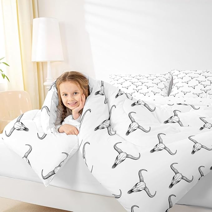Erosebridal Bull Skull Comforter Set Full Ethnic Bohemian Bedding for Men Boys | Tribal Steer Skull Wildlife Aztec Bedroom Decor Farmhouse Cabin Lodge Duvet Insert with 2 Pillow Cases,Black White