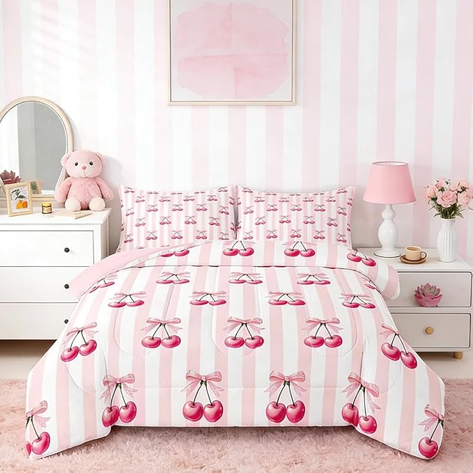 Feelyou Pink Girls Bow Comforter Set Toddler Size Kawaii Cherry Prints Bedding Set for Boys Teens Decor Bow Comforter Cute Bowknot Duvet Set Bedroom Stripes Quilt Set 2Pcs