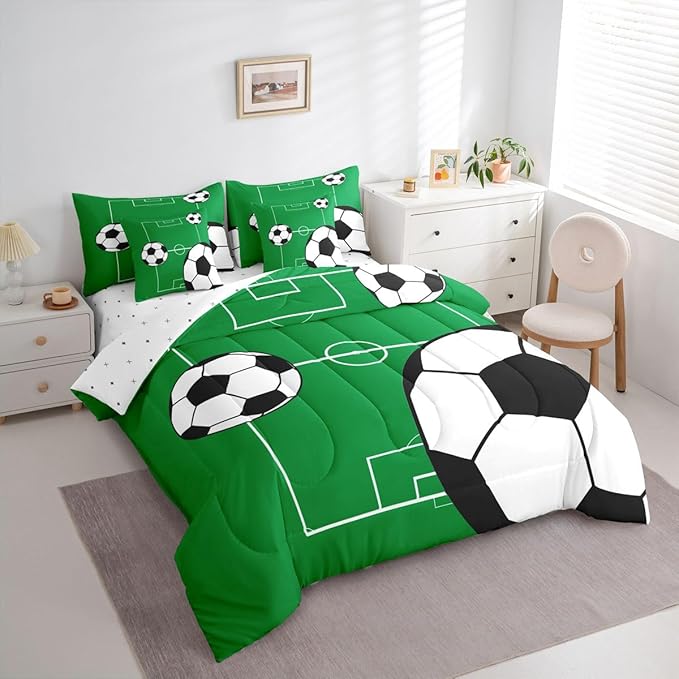 Erosebridal Football 7 Piece Bedding Set Queen Boys Sports Theme Comforter Set with Sheets Soccer Ball Pattern Playground Bed in a Bag Football Court Green White for Kids Boys Girls