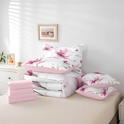 Erosebridal Boho Floral Twin 7 Pcs Bedding Set, Pink Flower Comforter Set with Sheets for Young Women Girls Adults, Elegant Watercolor Floral Bed in A Bag, Ink Painting Style Blossom & Leaf Bed Sets