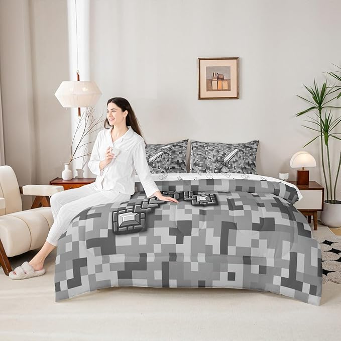 Castle Fairy Grey Pixel Style 7 Piece Comforter Set Queen Size,Geometric Miner Grid All Season Reversible Bed in a Bag Cool Sword Bedding Sets Video Games Flat Sheet,Fitted Sheet,Pillowcases