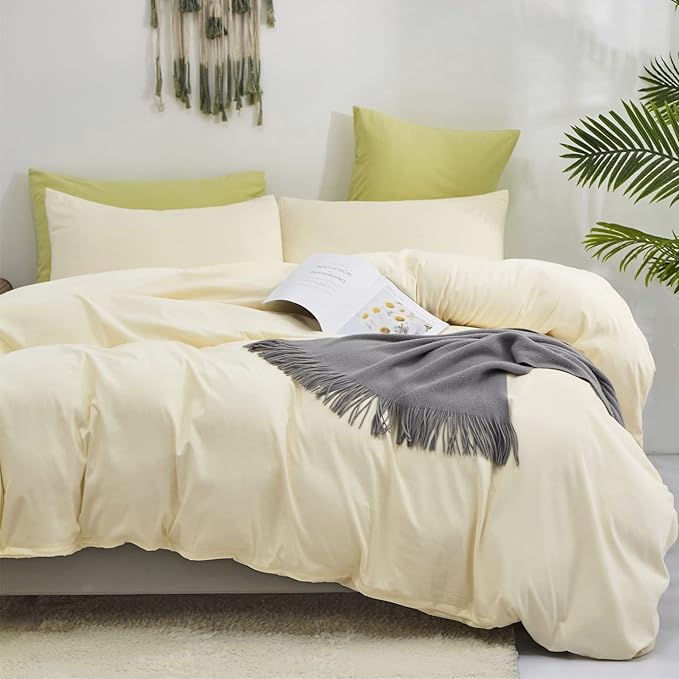 KAREVER Light Yellow Comforter Set Queen Off White Bedding Set Men Beige Breathable Ivory Bedding Set Women Soft Off White Queen Ivory Bedding Comforter Set Queen