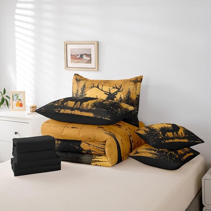 Erosebridal Full Size Rustic Cabin Lodge Comforter Set with Sheets 7 Pcs | Hunting Deer Bedding Set for Kids Boys Teens Adults Rural Country Cute Deer Bed Sets Woodland Farmhouse Animal Quilt Sets
