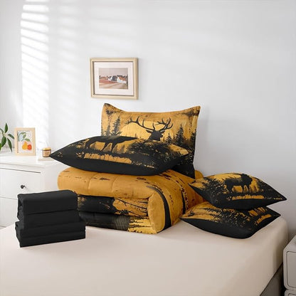 Erosebridal Full Size Rustic Cabin Lodge Comforter Set with Sheets 7 Pcs | Hunting Deer Bedding Set for Kids Boys Teens Adults Rural Country Cute Deer Bed Sets Woodland Farmhouse Animal Quilt Sets