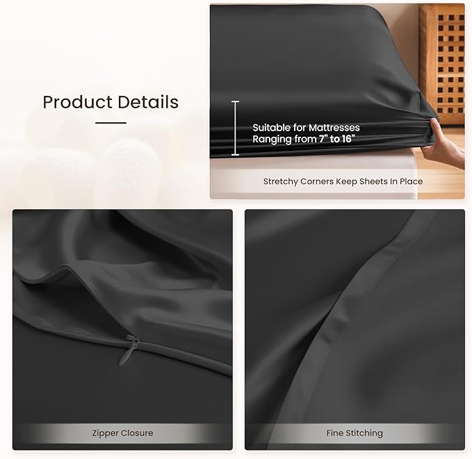 THXSILK 6A+ Top Grade 100% Pure Mulberry Silk Twin Fitted Sheet 3Pcs Set Bed Sheets Luxury Bedding for Hair and Skin Breathable Cooling Safe Material, 1 Fitted Sheet with 2 Pillowcases, Black