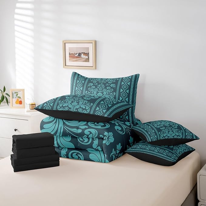 Comforter Set Full Size, Turquoise Aztec Damask 7 Pcs Bedding for Kids and Adults, Victorian Decor Western Baroque Goth Bed Sheet Sets with Fitted Sheet 2 Pillowcases & 2 Shams for Bedroom Bed Decor