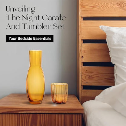 American Atelier 40 oz Bedside Water Carafe with Tumbler – 10.63" Ribbed 2-Piece Glass Set, Pitcher with Cup Lid for Nightstand, Guest Room, Office, Durable & Elegant Drinkware (Amber)