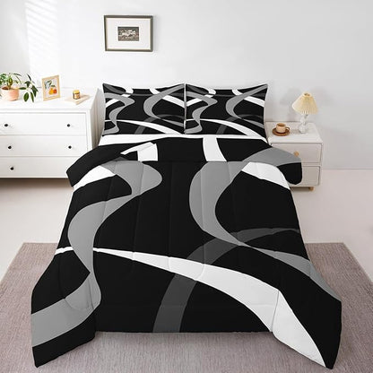 Erosebridal Black White Grey Bedding Comforter Sets Dark Gray Striped Abstract Bedding Set Queen for Boys Teen Men Geometric Stripes Down Comforter Modern Fashion Quilt Duvet