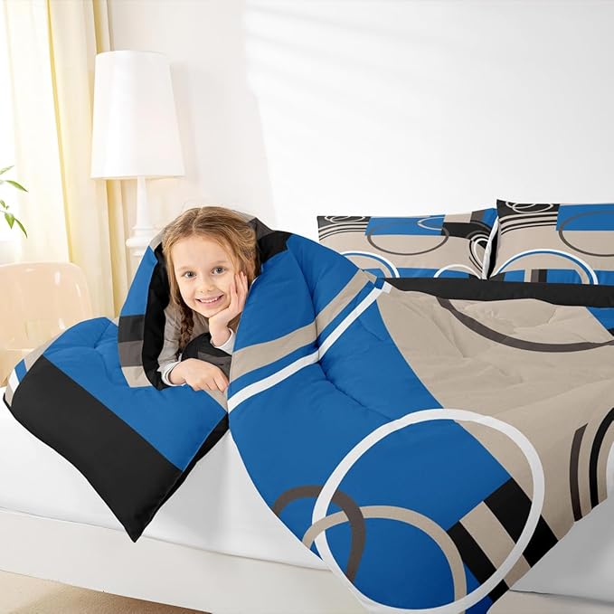 Modern Circles Swirls Comforter Full Size Geometric Spiral Square Bedding Set Blue Black Grey Comforter Set Abstract Gromment Plaid Quilted Duvet Chic Graphic Texture Artwork Quilt Comforter, 3Pcs