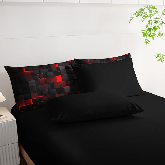 Geometric Red Black Twin Comforter Set,Light Honeycomb Bedding Set 7 Piece in A Bag,Bed Sheet Set Geometry Decor,Microfiber Lightweight All Season