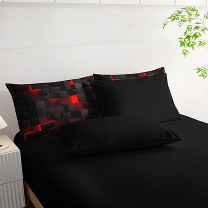 Geometric Red Black King Comforter Set,Light Honeycomb Bedding Set 7 Piece in A Bag,Bed Sheet Set Geometry Decor,Microfiber Lightweight All Season