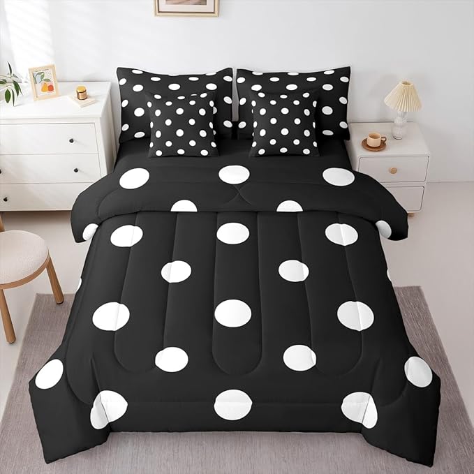 Feelyou Polka Dot 7 Piece Bedding Set Black White Comforter Set with Sheets for Kids Boys Girls Geometric Plaid Bed in a Bag Modern Cute Bed Set Soft Lightweight
