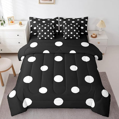 Feelyou Polka Dot 7 Piece Bedding Set Black White Comforter Set with Sheets for Kids Boys Girls Geometric Plaid Bed in a Bag Modern Cute Bed Set Soft Lightweight