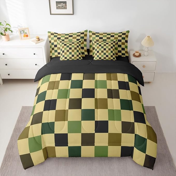 Checkered Retro Comforter Set Twin Size 7 Pieces Hunter Green Plaid Bedding Set for Kids Boys Girls Geometric Camo Army Bed in a Bag Modern Hunting Groovy Aesthetic Bedroom Decor Quilted Lightweight