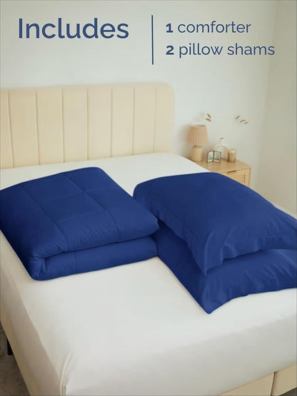 Full Comforter Set - 3 Piece Bed Set for All Seasons - 1 Soft Quilted Comforter w/ Corner Tabs & 2 Pillow Shams - Comfy, Cozy & Breathable - Premium Down Duvet Insert - Full Size, Navy Blue/Sky Blue