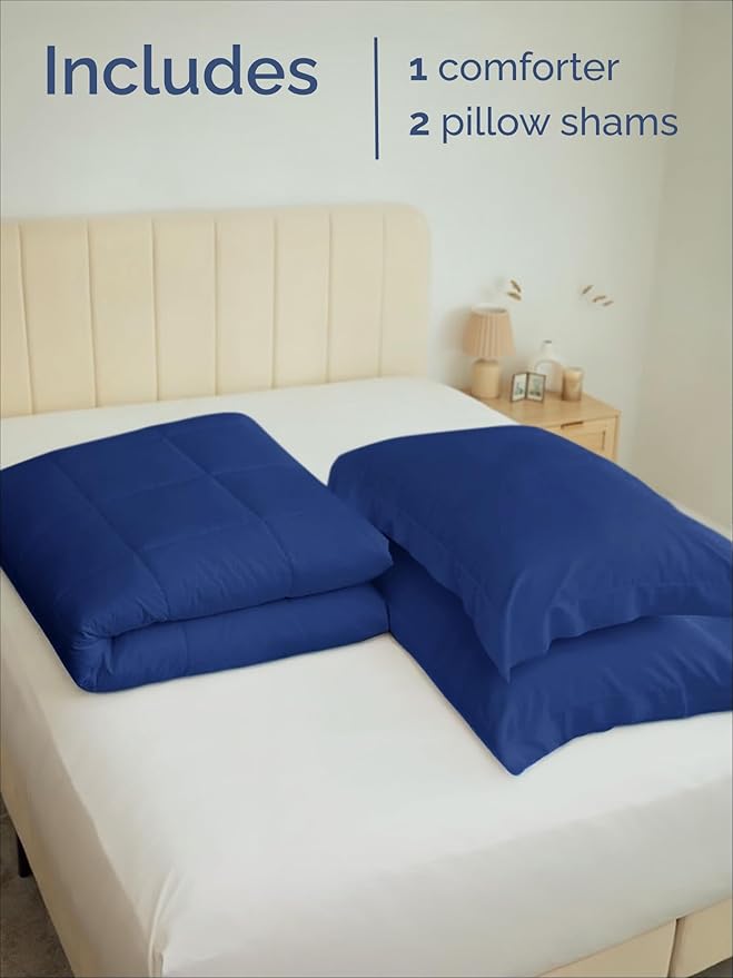 King Comforter Set - 3 Piece Bed Set for All Seasons - 1 Soft Quilted Comforter w/ Corner Tabs & 2 Pillow Shams - Comfy, Cozy & Breathable - Premium Down Duvet Insert - King Size, Navy Blue/Sky Blue