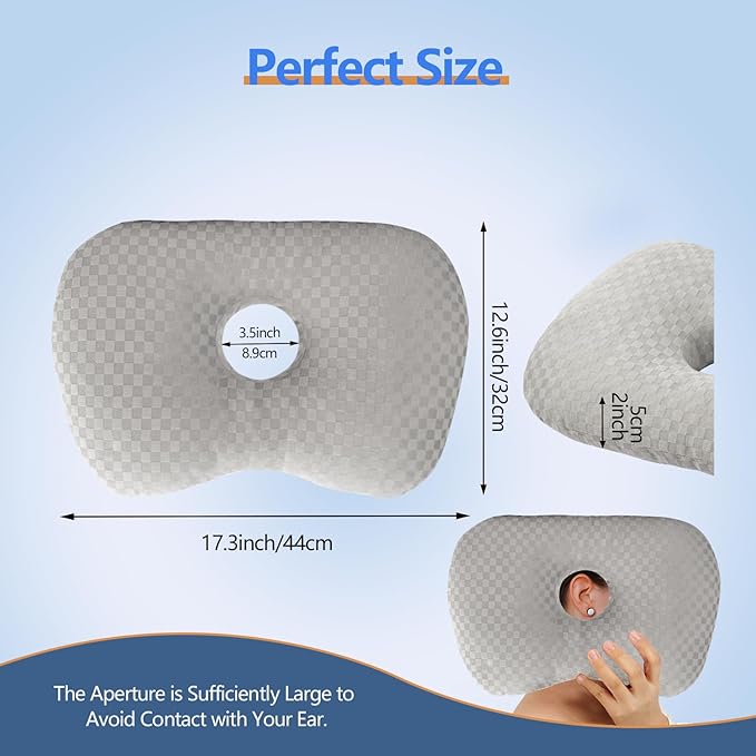 Ear Piercing Pillow with an Hole for CNH and Ear Pain Inflammation Pressure Sores for Side Sleepers, Cotton and Polyester Side Sleeper Pillow, Washable and Adjustable Ear Guard Pillow, Gray