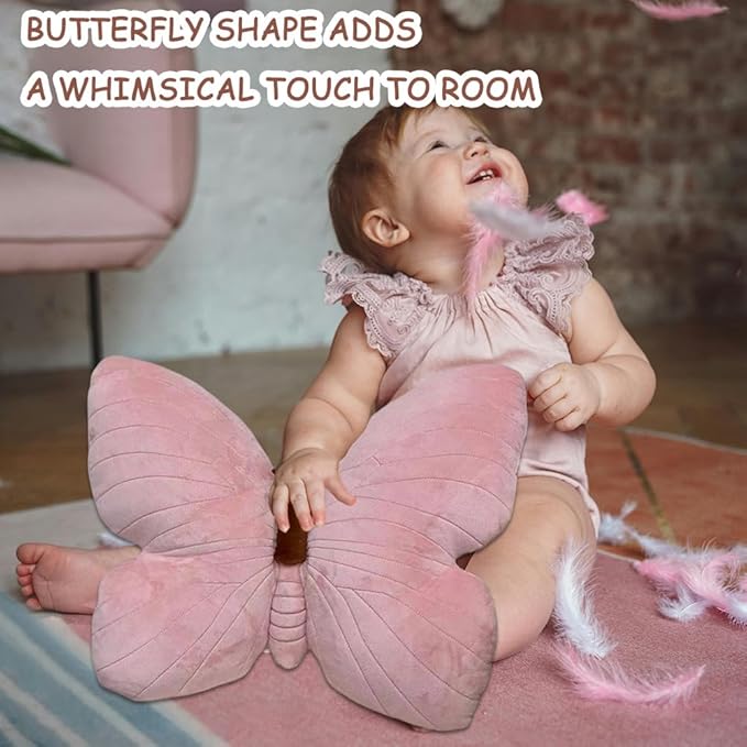 Butterfly Shaped Throw Pillow - Soft Stuffed Seat Cushion Pad, Pink Plush Velvet Decorative Animal Pillow for Couch, Living Room, Bed