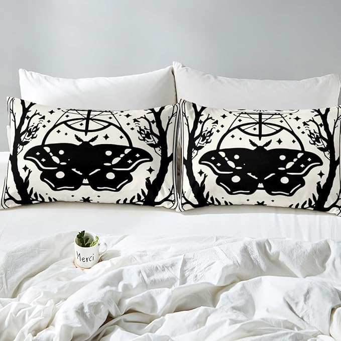 Erosebridal Gothic Moth Comforter Set Full, Halloween Moth Bedding Set, Goth Comforter, Sun and Moon Quilt for Kids Boys Girls Teens Terror Halloween Decor, Lightweight