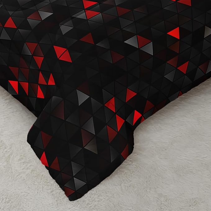 Geometric Red Black Comforter Set,Triangle Honeycomb 3 PCS Bedding Set Full Size for Teen Adult,Modern Quilt Set Geometry Decor,Microfiber Lightweight 1 Comforter 2 Pillowcases