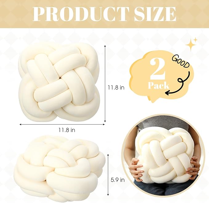 2 Pcs Knot Pillow Balls Set, 12 Inch Soft Decorative Throw Knot Pillow Ball, Large Square Knotted Floor Cushion for Living Room Bedroom Sofa Couch Bed Home Decoration(Beige)