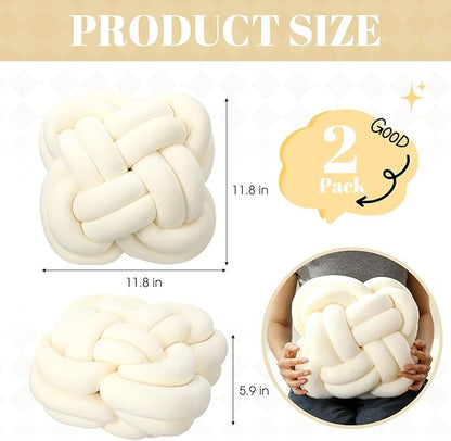 2 Pcs Knot Pillow Balls Set, 12 Inch Soft Decorative Throw Knot Pillow Ball, Large Square Knotted Floor Cushion for Living Room Bedroom Sofa Couch Bed Home Decoration(Beige)