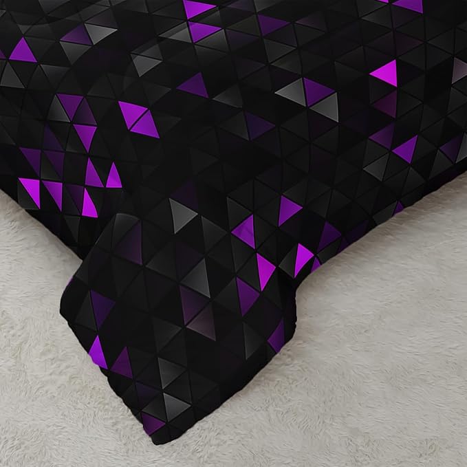 Geometric Violet Black Comforter Set,Triangle Honeycomb 3 PCS Bedding Set Full Size for Teen Adult,Modern Quilt Set Geometry Decor,Microfiber Lightweight 1 Comforter 2 Pillowcases