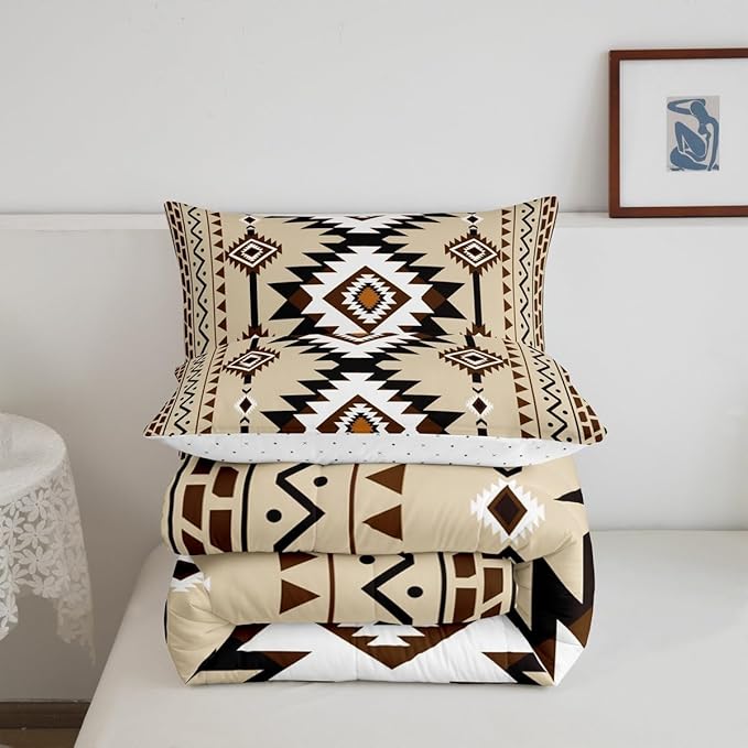Feelyou Beige Brown Western Bedding Set King Size Southwestern Aztec Comforter Set Country Tribal Native American Rustic Duvet Quilt