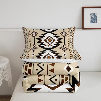 Feelyou Beige Brown Western Bedding Set Queen Size Southwestern Aztec Comforter Set Country Tribal Native American Rustic Duvet Quilt