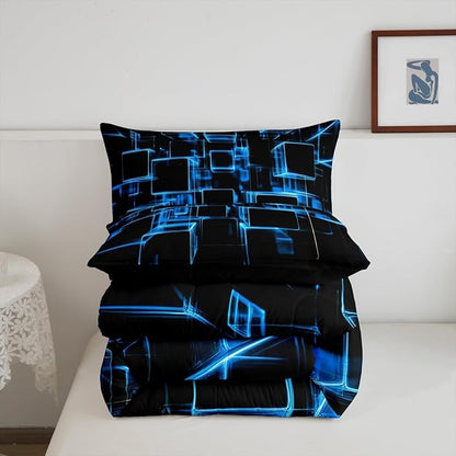 Erosebridal Blue and Black Kids Comforter Set, Modern Geometric Square Bedding for Boys Girls Gradient Neon Light Honeycomb Duvet Insert Abstract Bed Set Queen 3 Pieces