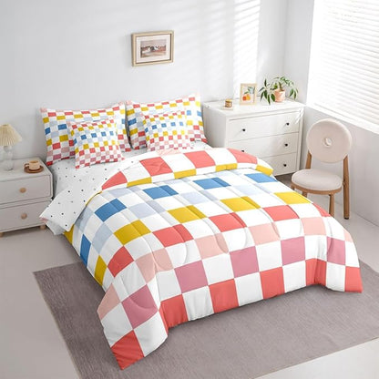 Feelyou Multicolored Checkered Retro Comforter Set with Sheets 7 Piece Full Size Geometric Cute Bed in a Bag Kids Boys Girls Colorful Bedding Set Modern Groovy Aesthetic Bedroom Decor Breathable Soft