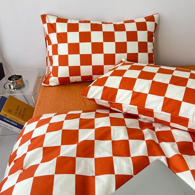 CLOTHKNOW Orange Plaid Full Size Comforter Sets Grid Bedding Comforter Sets Terracotta Checker Comforter with 2 x Pillow Cases