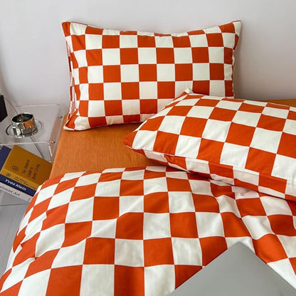 CLOTHKNOW Orange Plaid Full Size Comforter Sets Grid Bedding Comforter Sets Terracotta Checker Comforter with 2 x Pillow Cases