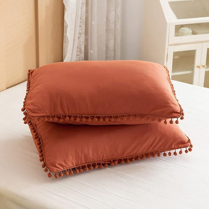 YIRDDEO Queen Comforter Set - Comforter Queen Size Sets with Ball Pom Fringe, Soft Bedding Set for All Seasons - 3 Pieces, 1 Comforter (90"x90") & 2 Pillow Shams (20"x26"), Terracotta