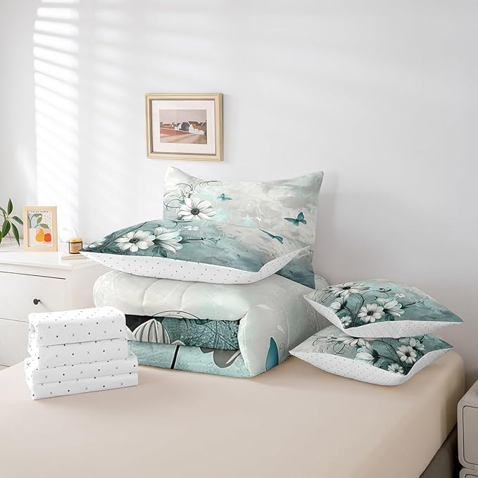 Feelyou Butterfly Comforter Set Twin Size 7 Pieces Vintage Floral Daisy Bedding Set for All Season Flower Botanical Nature Theme Bed in a Bag with Comforter, Sheets, Pillowcases & Cushion Cover