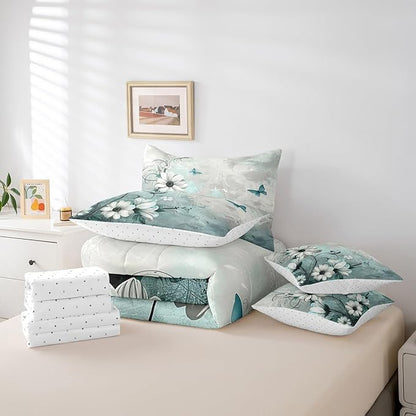 Feelyou Butterfly Comforter Set Twin Size 7 Pieces Vintage Floral Daisy Bedding Set for All Season Flower Botanical Nature Theme Bed in a Bag with Comforter, Sheets, Pillowcases & Cushion Cover