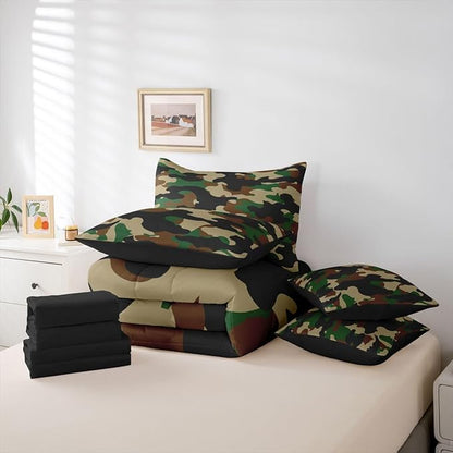 Erosebridal Camouflage 7 Piece Bedding Set King Camo Comforter Set with Sheets Dark Green Brown Black Bed in a Bag Rustic Farmhouse Abstract Bed Sets Comforter