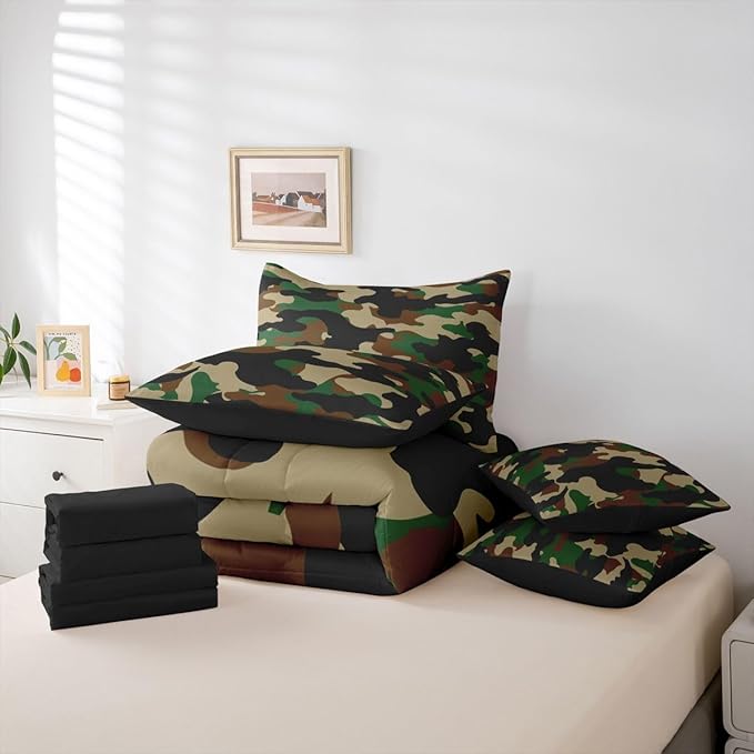 Erosebridal Camouflage 7 Piece Bedding Set Queen Camo Comforter Set with Sheets Dark Green Brown Black Bed in a Bag Rustic Farmhouse Abstract Bed Sets Comforter