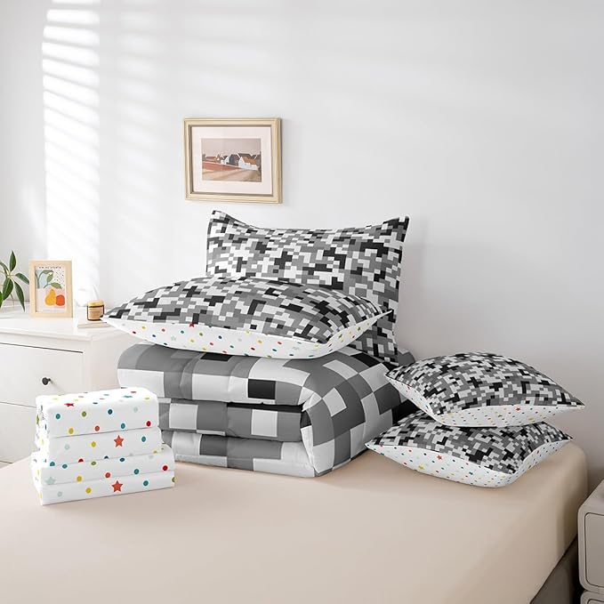 Grey Black Camo 7Pcs Comforter Set King Size,Geometric Pixelated Themed Bedding Set for Kids Girls Boys Teens Room Decor,Modern Camouflage Fitted Flat Sheet Video Games 2 Throw Pillow,2 Pillowcases