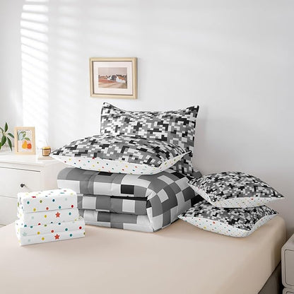 Grey Black Camo 7Pcs Comforter Set King Size,Geometric Pixelated Themed Bedding Set for Kids Girls Boys Teens Room Decor,Modern Camouflage Fitted Flat Sheet Video Games 2 Throw Pillow,2 Pillowcases