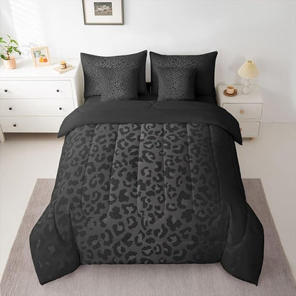 Erosebridal Black Ombre Grey Leopard Print Full Comforter Set 7 Pieces | Animal Skin Pattern Bed in A Bag for Bedroom Women Men Adults Bedding Set with Comforters Cheetah Fur Room Decor