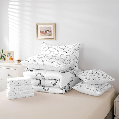 Erosebridal Bull Skull 7 Piece Comforter Set Full Ethnic Bohemian Bedding for Men Boys | Tribal Steer Skull Wildlife Aztec Bedroom Decor Farmhouse Cabin Lodge Sheet Set with Comforter,Black White
