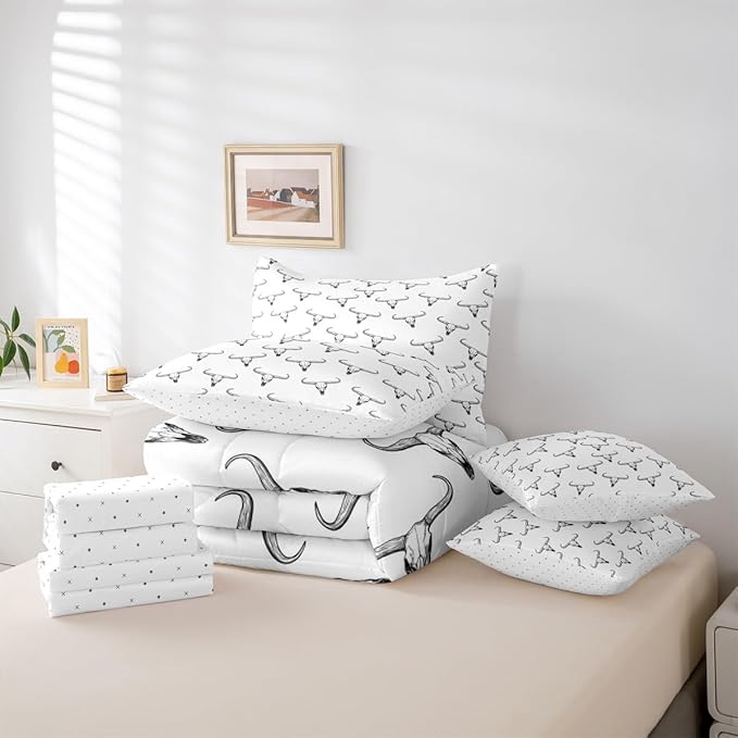 Erosebridal Bull Skull 7 Piece Comforter Set King Ethnic Bohemian Bedding for Men Boys | Tribal Steer Skull Wildlife Aztec Bedroom Decor Farmhouse Cabin Lodge Sheet Set with Comforter,Black White